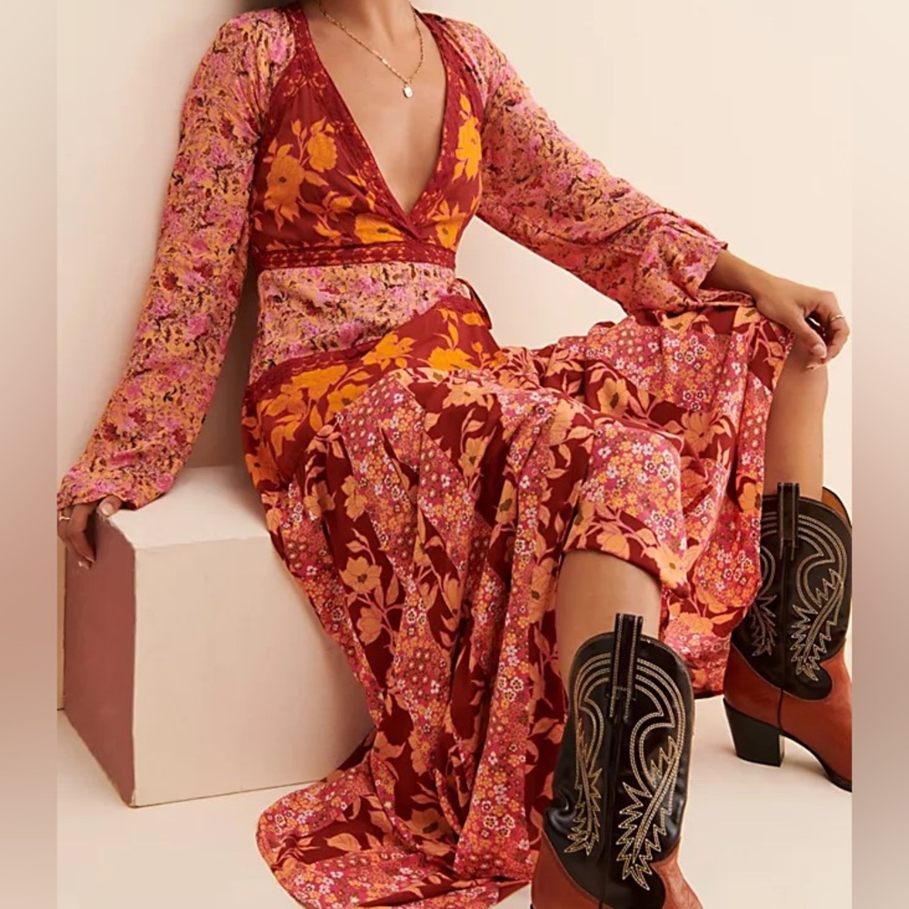 Free People Floral Patchwork Maxi Dress in Rust and Pink
